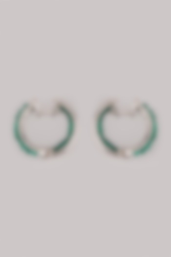 White Finish Green Beaded Hoop Earrings In Sterling Silver by Mon Tresor