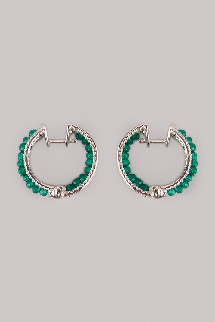 White Finish Green Beaded Hoop Earrings In Sterling Silver by Mon Tresor