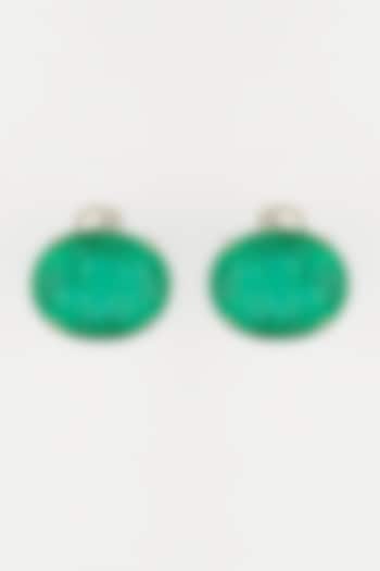 White Finish Oval Emerald Stone Earrings In Sterling Silver by Mon Tresor