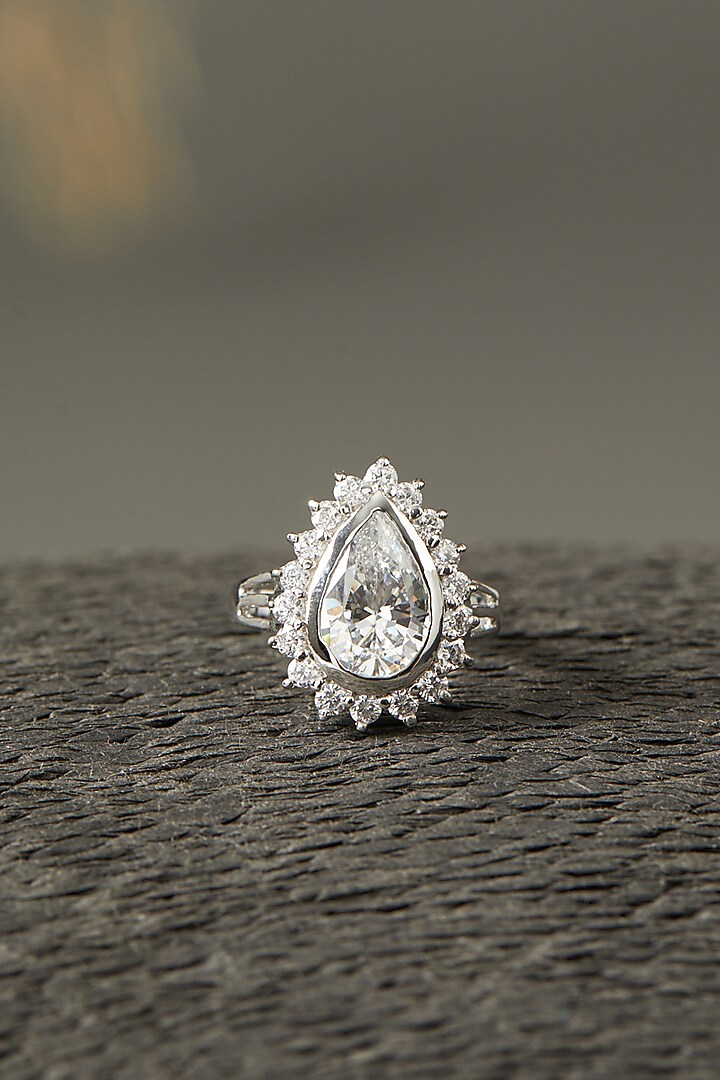 White Finish Pear Solitaire Ring In Sterling Silver by Mon Tresor at Pernia's Pop Up Shop