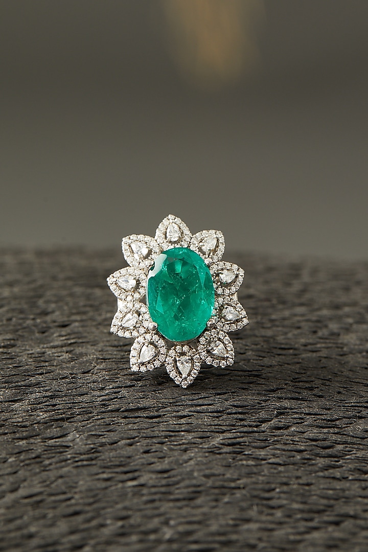 White Finish Colombian Emerald Ring In Sterling Silver by Mon Tresor