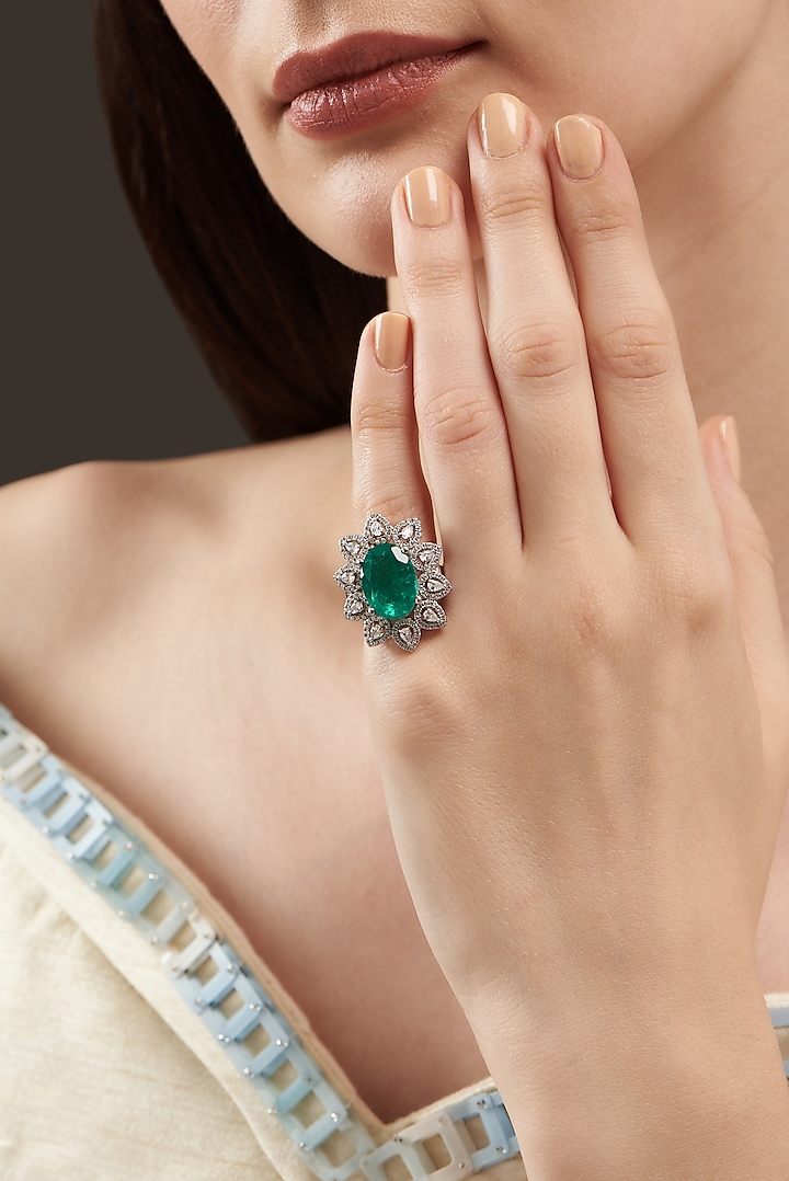 White Finish Colombian Emerald Ring In Sterling Silver by Mon Tresor