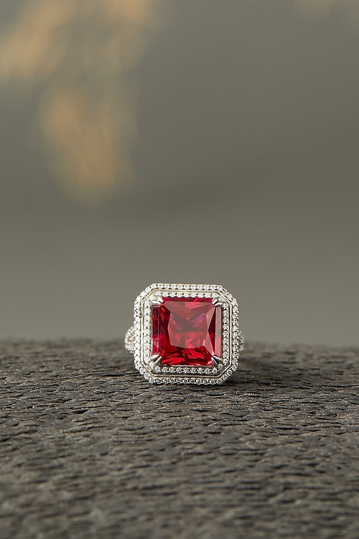 White Finish Ruby Ring In Sterling Silver by Mon Tresor