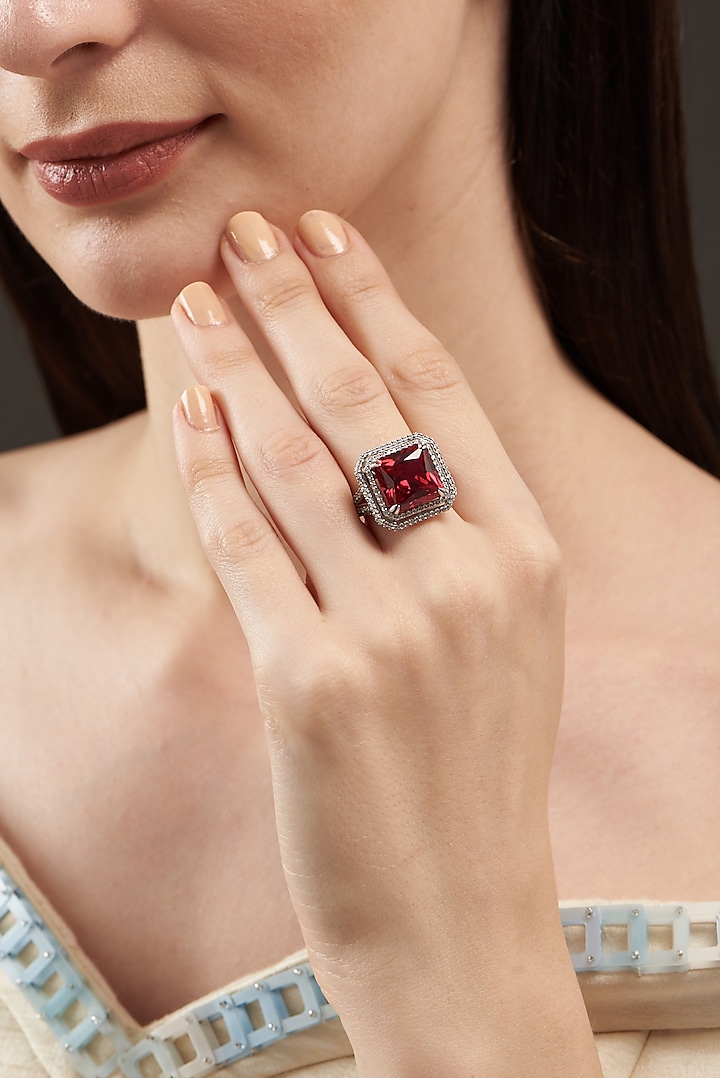 White Finish Ruby Ring In Sterling Silver by Mon Tresor