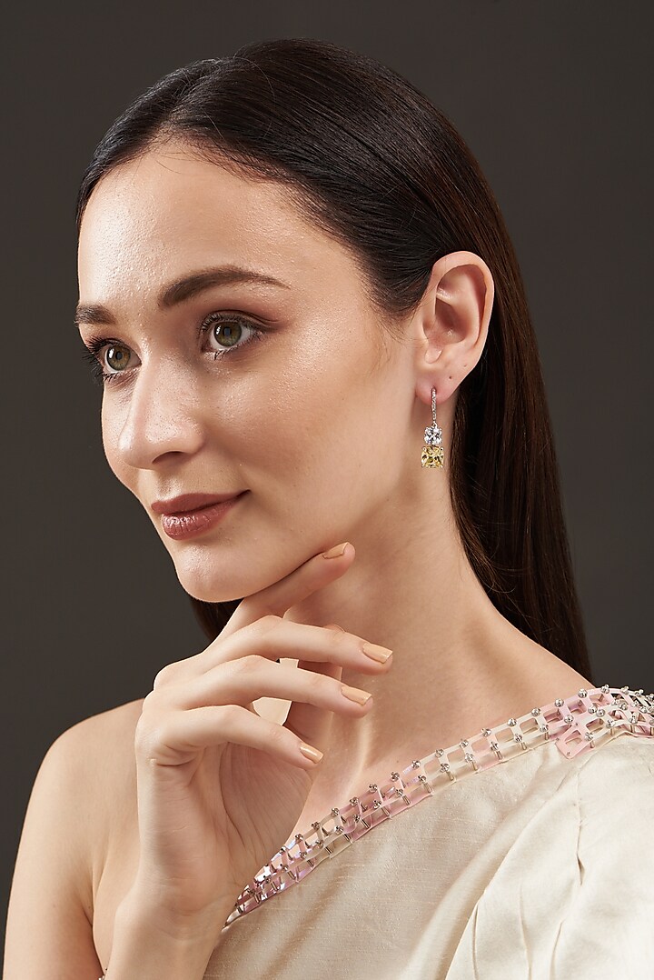 White Finish Sapphire Earrings In Sterling Silver by Mon Tresor