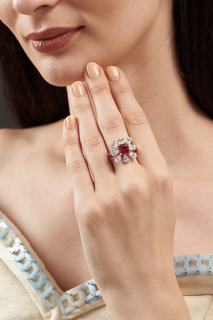 White Finish Ring In Sterling Silver With Ruby by Mon Tresor