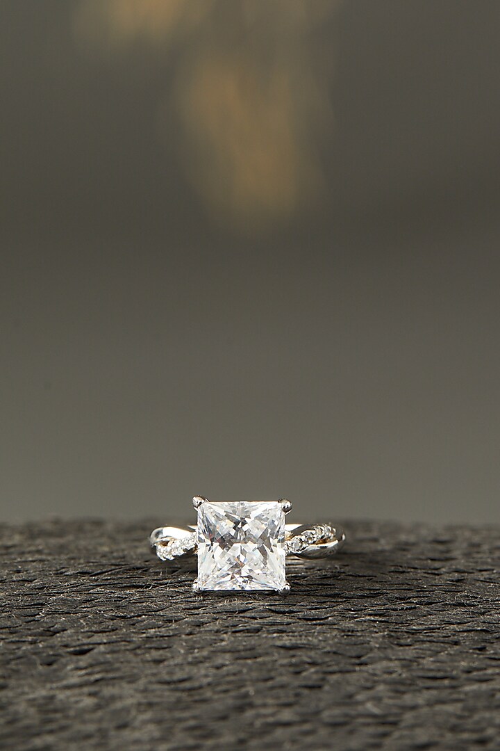 White Finish Princess-Cut Ring In Sterling Silver by Mon Tresor