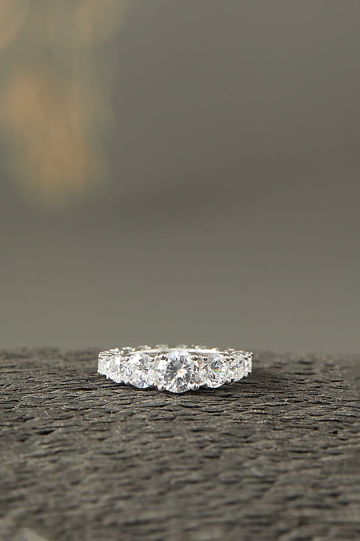 White Finish Eternity Band In Sterling Silver With Zircon by Mon Tresor
