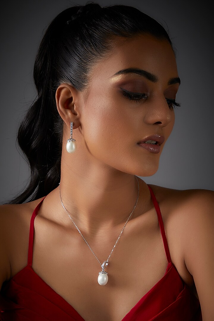 White Finish Pearl Pendant Necklace Set In Sterling Silver by Mon Tresor at Pernia's Pop Up Shop