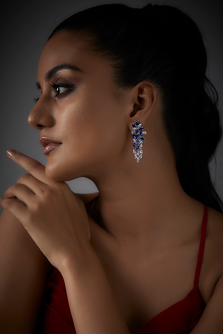 White Finish Blue Stone & Swarovski Chandelier Earrings In Sterling Silver by Mon Tresor at Pernia's Pop Up Shop