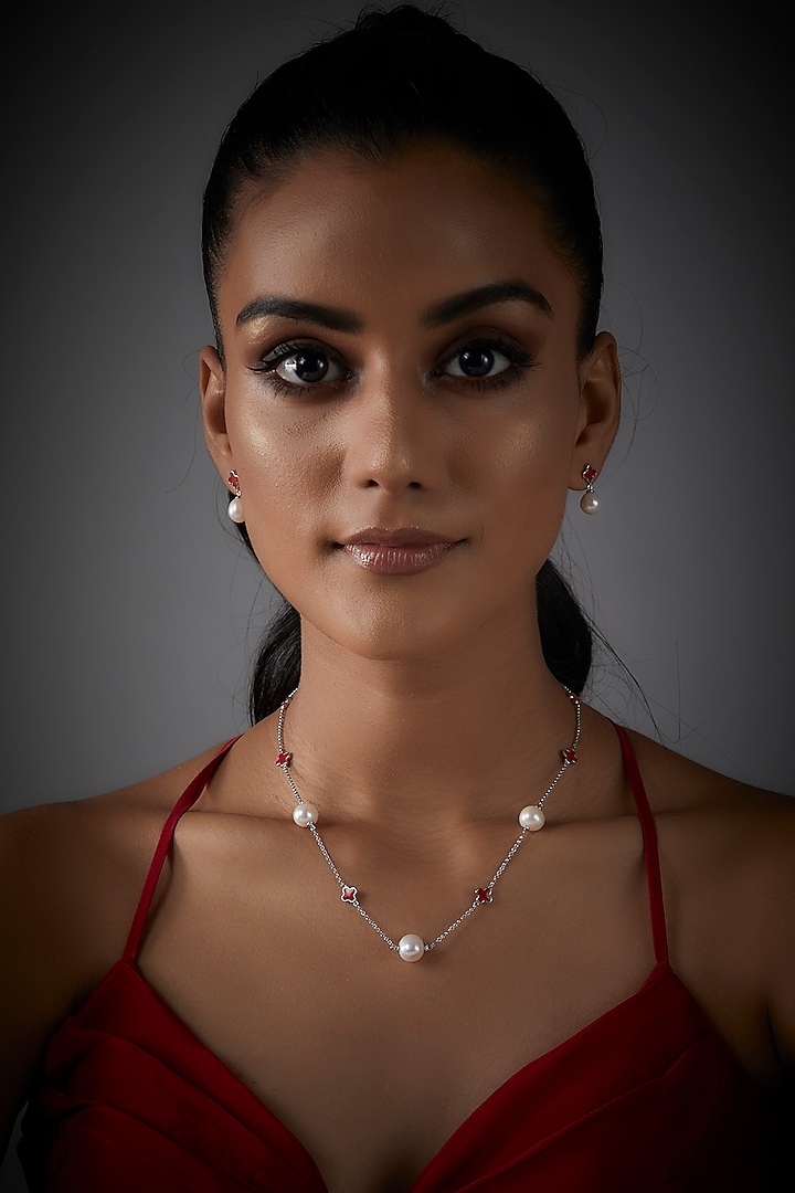 White Finish Red Enameled Stone & Pearl Chain Necklace Set In Sterling Silver by Mon Tresor