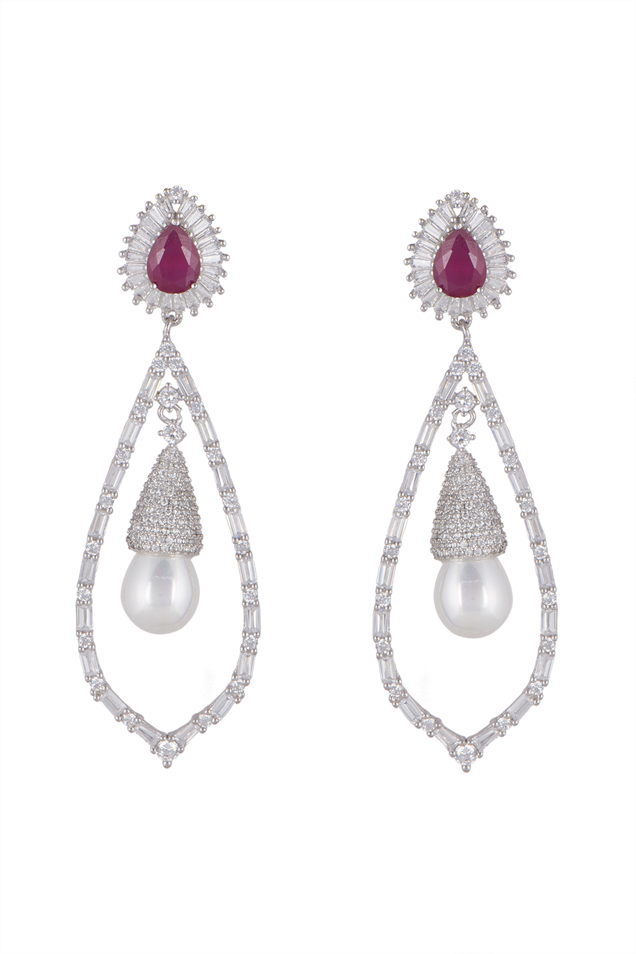 White Finish Ruby & Pearl Chandelier Earrings In Sterling Silver by Mon Tresor