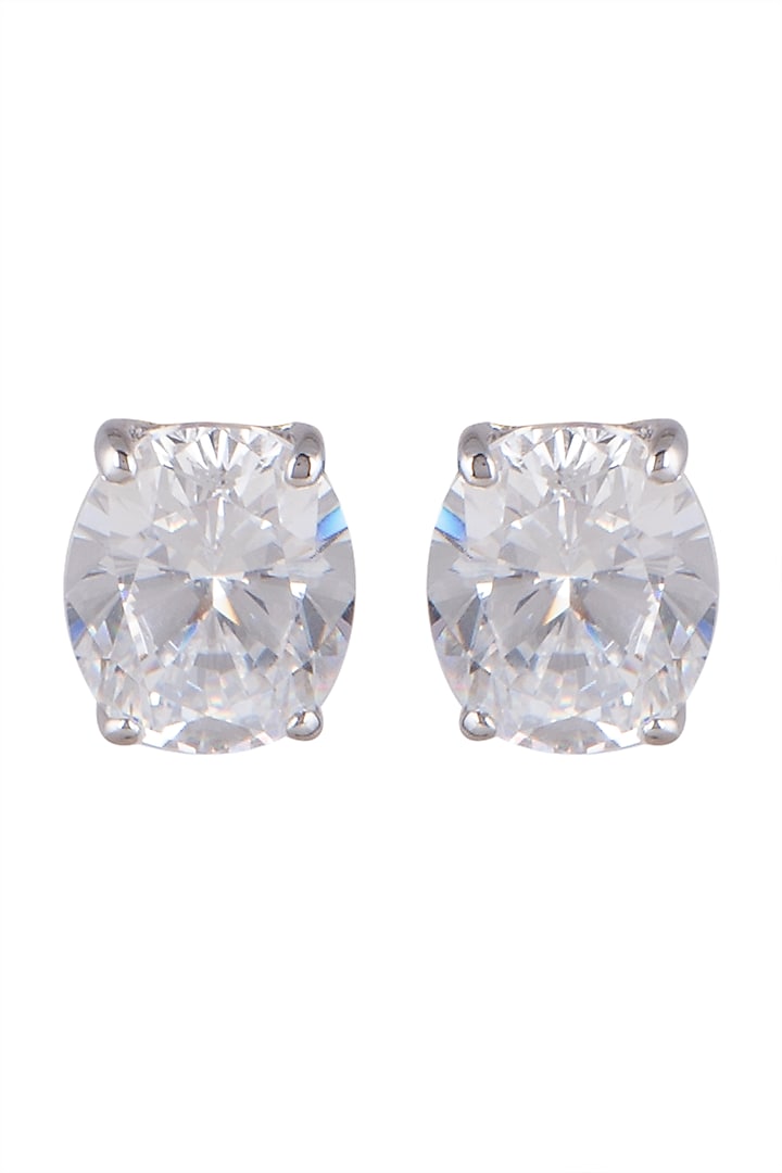 White Finish Oval Solitaire Earrings In Sterling Silver by Mon Tresor at Pernia's Pop Up Shop