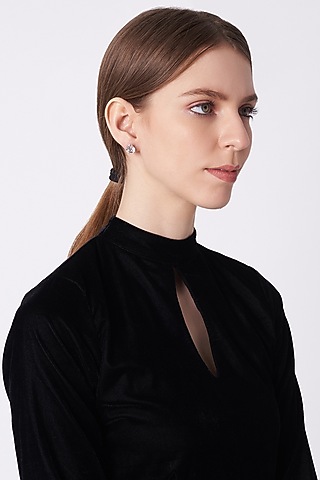 White Finish Oval Solitaire Earrings In Sterling Silver by Mon Tresor