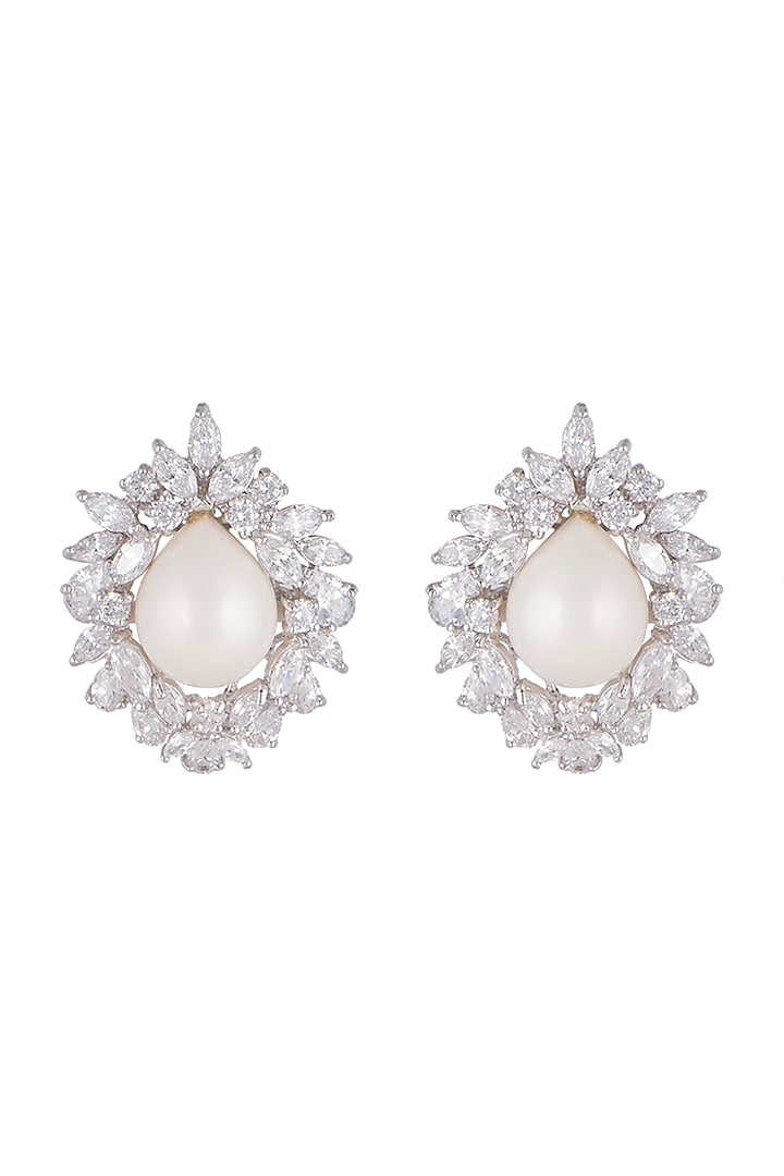 White Finish Cubic Zircons & Pearls Stud Earrings In Sterling Silver by Mon Tresor at Pernia's Pop Up Shop
