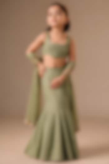 Sage Green Satin Organza Cutdana Embroidered Fish-Cut Lehenga Set For Girls by DISHA MUCHHALA KIDS at Pernia's Pop Up Shop