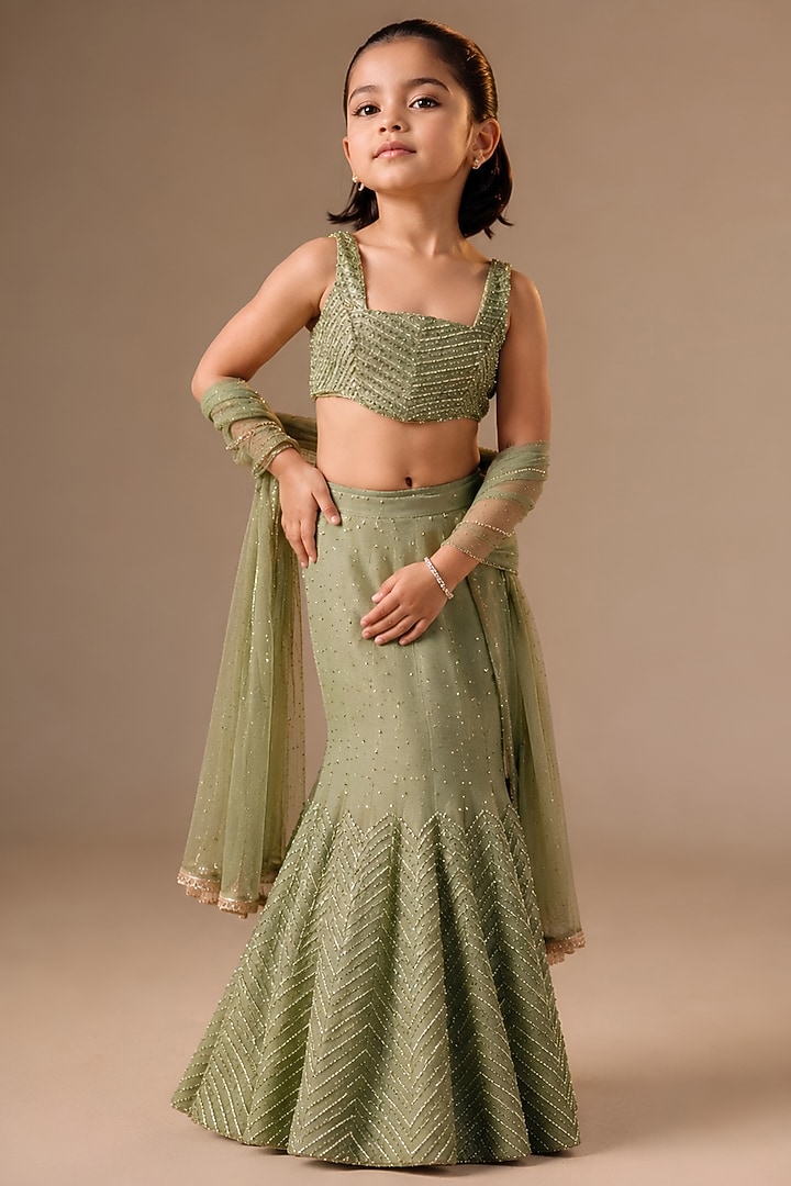 Sage Green Satin Organza Cutdana Embroidered Fish-Cut Lehenga Set For Girls by DISHA MUCHHALA KIDS at Pernia's Pop Up Shop
