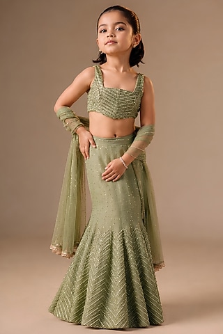 Sage Green Satin Organza Cutdana Embroidered Fish-Cut Lehenga Set For Girls by DISHA MUCHHALA KIDS