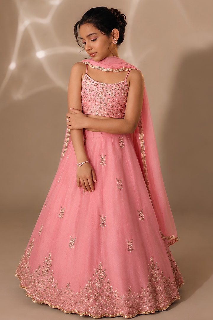 Baby Pink Silk Sequins Embroidered Lehenga Set For Girls by DISHA MUCHHALA KIDS at Pernia's Pop Up Shop