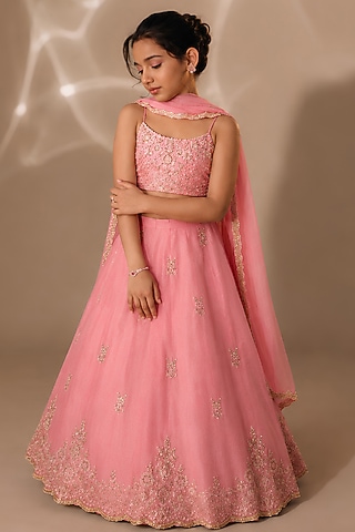 Baby Pink Silk Sequins Embroidered Lehenga Set For Girls by DISHA MUCHHALA KIDS