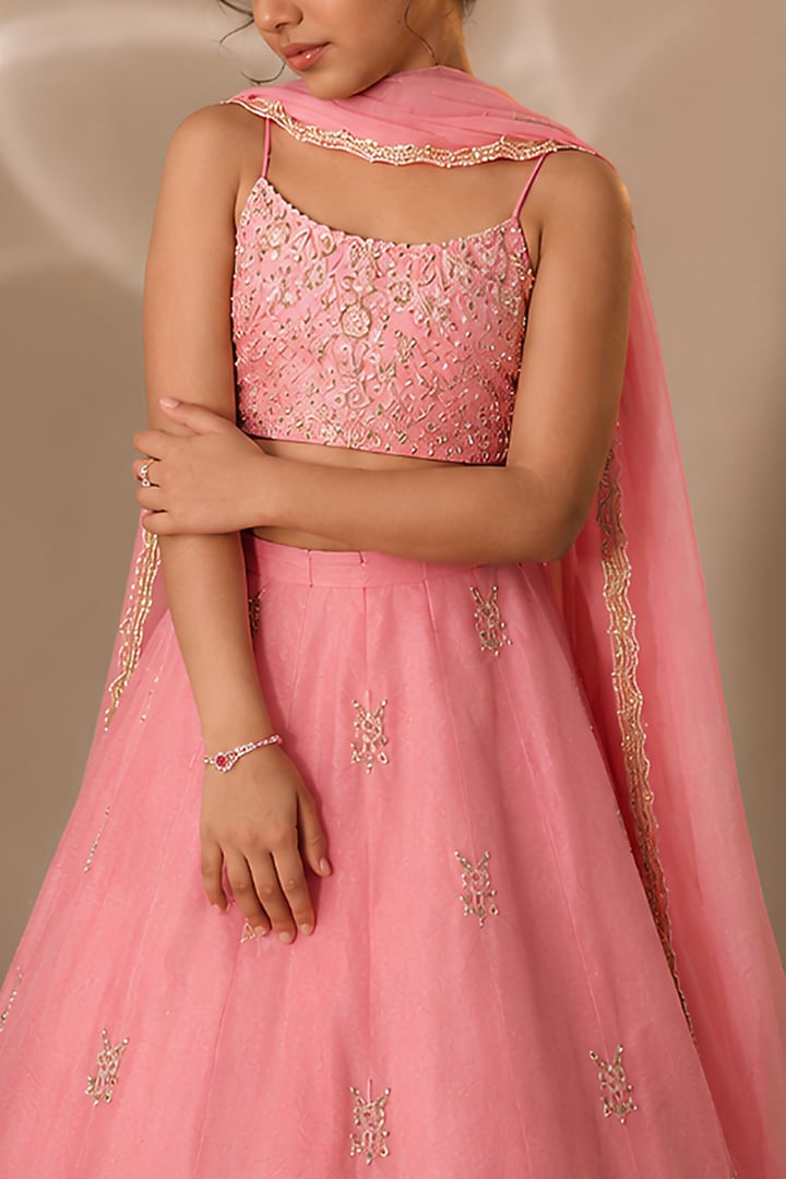 Baby Pink Silk Sequins Embroidered Lehenga Set For Girls by DISHA MUCHHALA KIDS at Pernia's Pop Up Shop