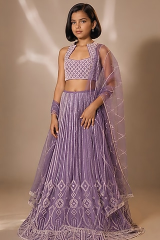 Purple Silk Cutdana Embroidered Lehenga Set For Girls by DISHA MUCHHALA KIDS