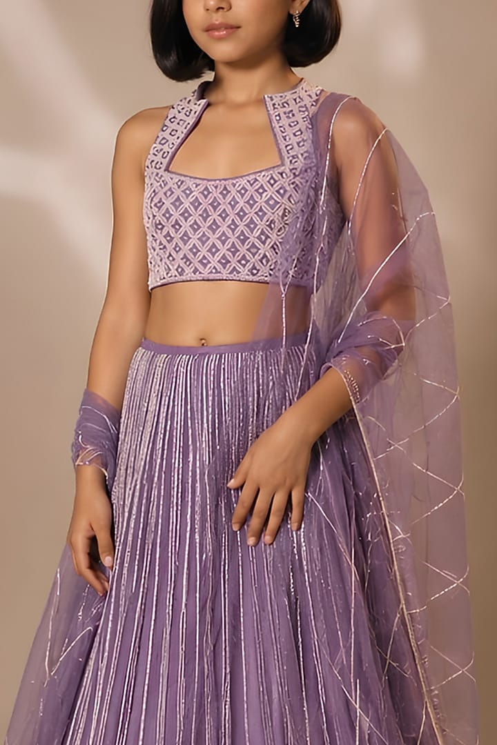 Purple Silk Cutdana Embroidered Lehenga Set For Girls by DISHA MUCHHALA KIDS at Pernia's Pop Up Shop