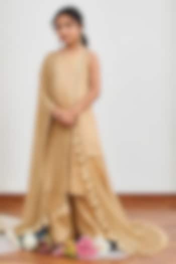 Beige Chanderi Cutdana Embroidered Kalidar Kurta Set For Girls by DISHA MUCHHALA KIDS at Pernia's Pop Up Shop