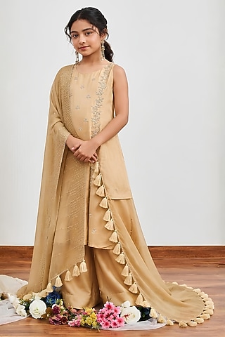 Beige Chanderi Cutdana Embroidered Kalidar Kurta Set For Girls by DISHA MUCHHALA KIDS