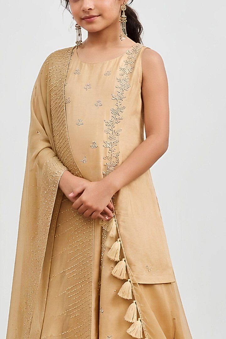 Beige Chanderi Cutdana Embroidered Kalidar Kurta Set For Girls by DISHA MUCHHALA KIDS at Pernia's Pop Up Shop