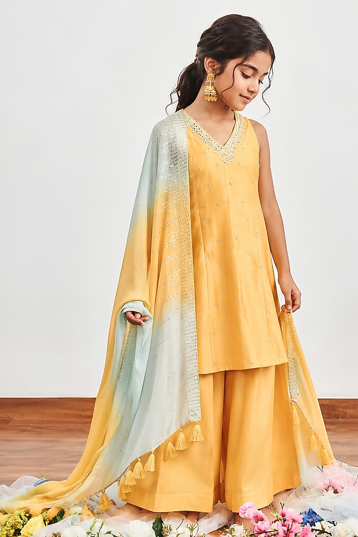 Mustard Yellow Chanderi Cutdana Embroidered Kalidar Kurta Set For Girls by DISHA MUCHHALA KIDS at Pernia's Pop Up Shop