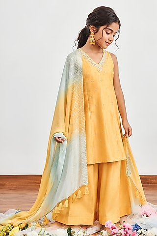 Mustard Yellow Chanderi Cutdana Embroidered Kalidar Kurta Set For Girls by DISHA MUCHHALA KIDS