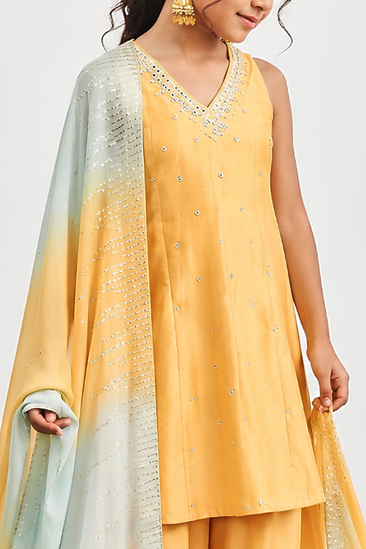 Mustard Yellow Chanderi Cutdana Embroidered Kalidar Kurta Set For Girls by DISHA MUCHHALA KIDS at Pernia's Pop Up Shop