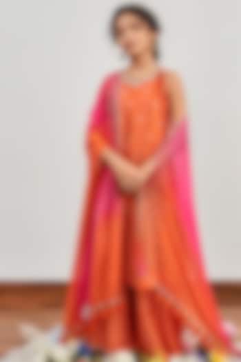 Burnt Orange Chanderi Zardosi Embroidered Kalidar Kurta Set For Girls by DISHA MUCHHALA KIDS at Pernia's Pop Up Shop