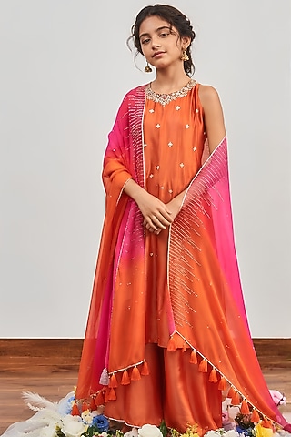 Burnt Orange Chanderi Zardosi Embroidered Kalidar Kurta Set For Girls by DISHA MUCHHALA KIDS
