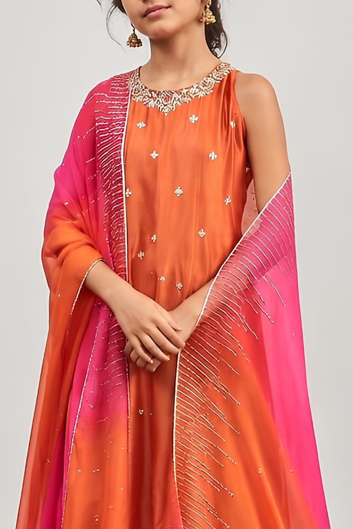 Burnt Orange Chanderi Zardosi Embroidered Kalidar Kurta Set For Girls by DISHA MUCHHALA KIDS at Pernia's Pop Up Shop