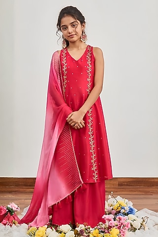 Crimson Pink Chanderi Sequins Embroidered Kalidar Kurta Set For Girls by DISHA MUCHHALA KIDS