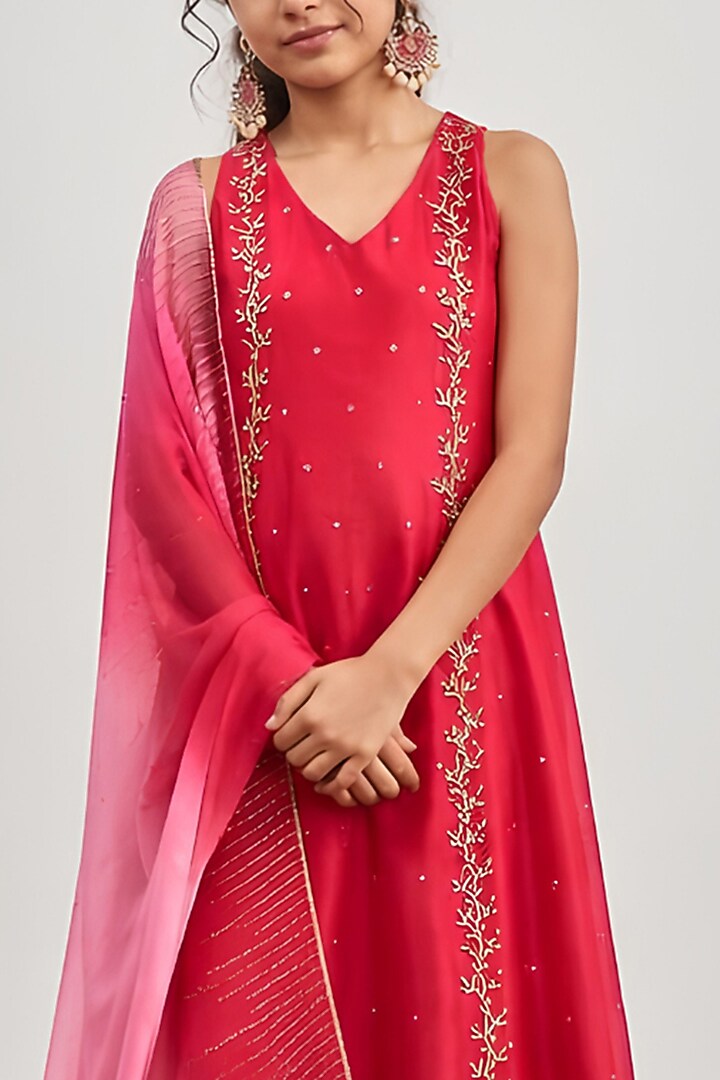 Crimson Pink Chanderi Sequins Embroidered Kalidar Kurta Set For Girls by DISHA MUCHHALA KIDS at Pernia's Pop Up Shop