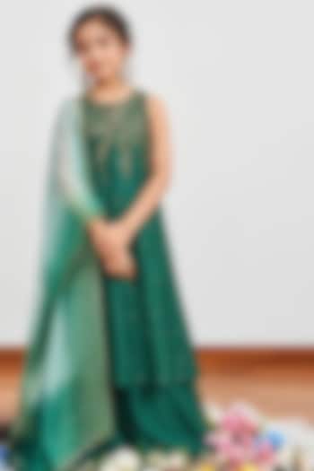 Bottle Green Chanderi Sequins Embroidered Kalidar Kurta Set For Girls by DISHA MUCHHALA KIDS at Pernia's Pop Up Shop