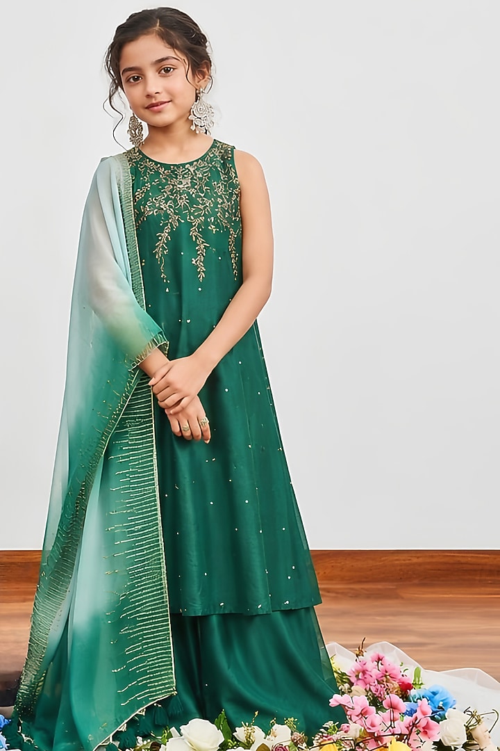 Bottle Green Chanderi Sequins Embroidered Kalidar Kurta Set For Girls by DISHA MUCHHALA KIDS at Pernia's Pop Up Shop