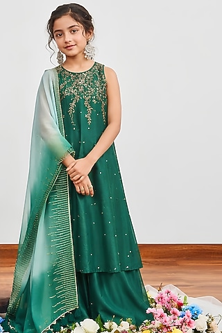 Bottle Green Chanderi Sequins Embroidered Kalidar Kurta Set For Girls by DISHA MUCHHALA KIDS