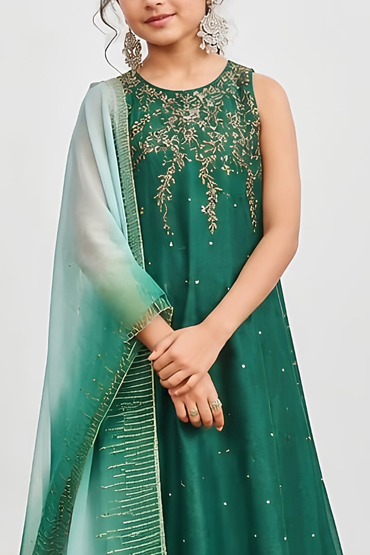 Bottle Green Chanderi Sequins Embroidered Kalidar Kurta Set For Girls by DISHA MUCHHALA KIDS at Pernia's Pop Up Shop