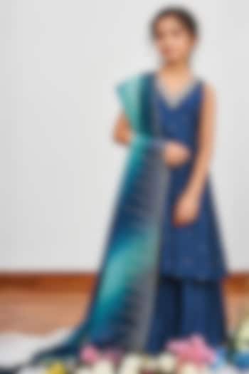 Teal Blue Chanderi Sequins Embroidered Kalidar Kurta Set For Girls by DISHA MUCHHALA KIDS at Pernia's Pop Up Shop