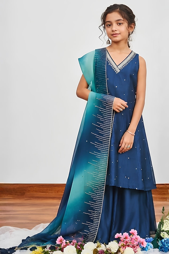 Teal Blue Chanderi Sequins Embroidered Kalidar Kurta Set For Girls by DISHA MUCHHALA KIDS at Pernia's Pop Up Shop