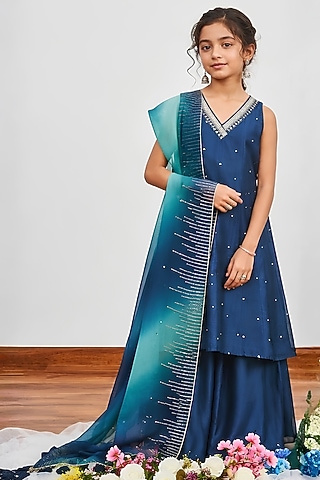Teal Blue Chanderi Sequins Embroidered Kalidar Kurta Set For Girls by DISHA MUCHHALA KIDS