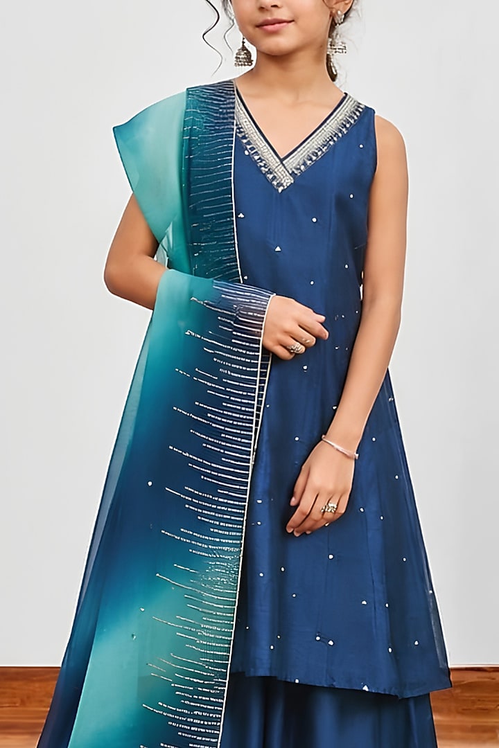 Teal Blue Chanderi Sequins Embroidered Kalidar Kurta Set For Girls by DISHA MUCHHALA KIDS at Pernia's Pop Up Shop