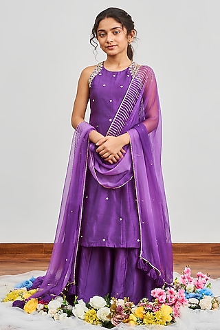 Purple Chanderi Sequins Embroidered Kalidar Kurta Set For Girls by DISHA MUCHHALA KIDS