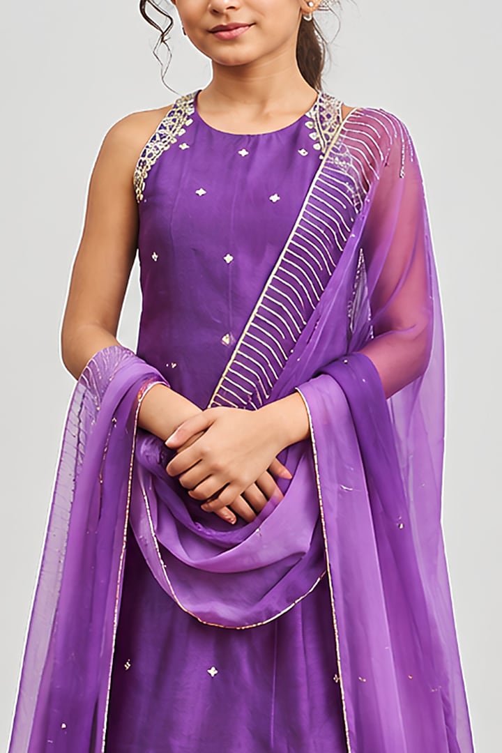 Purple Chanderi Sequins Embroidered Kalidar Kurta Set For Girls by DISHA MUCHHALA KIDS at Pernia's Pop Up Shop