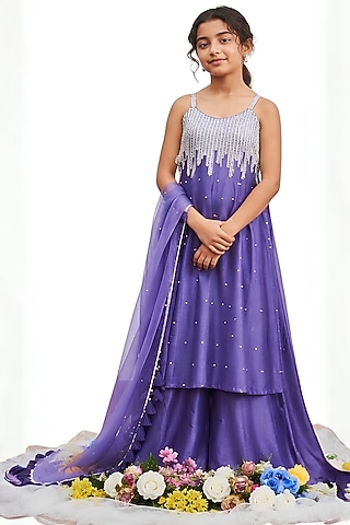 Ink Blue Chanderi Sequins Embroidered Kalidar Kurta Set For Girls by DISHA MUCHHALA KIDS