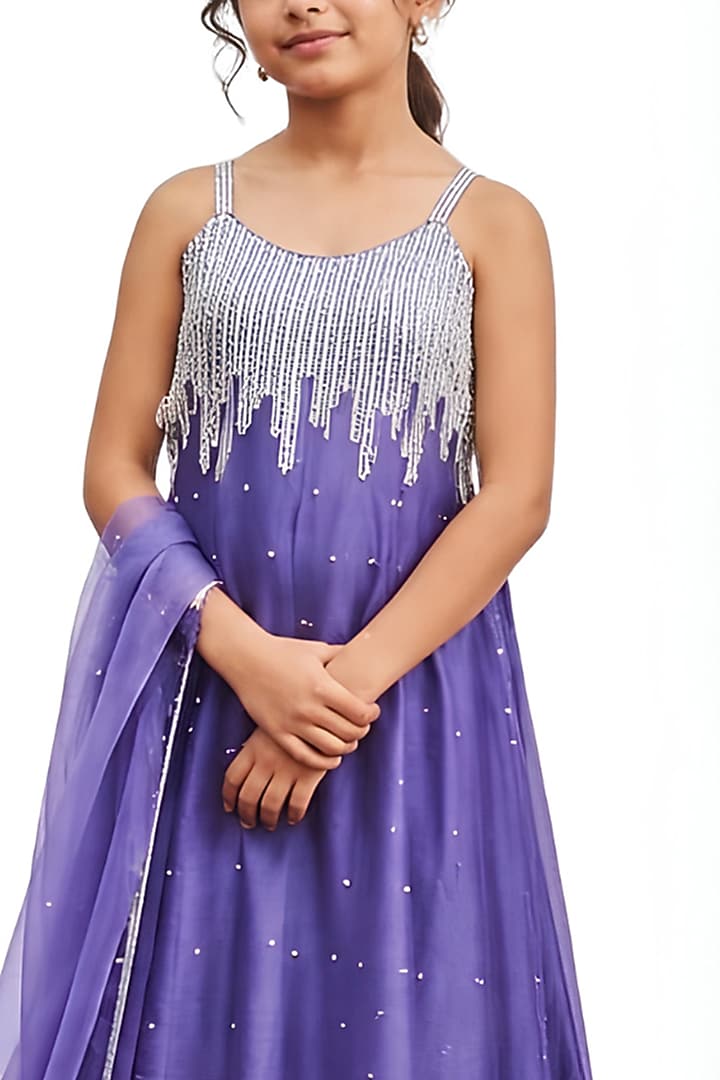 Ink Blue Chanderi Sequins Embroidered Kalidar Kurta Set For Girls by DISHA MUCHHALA KIDS at Pernia's Pop Up Shop